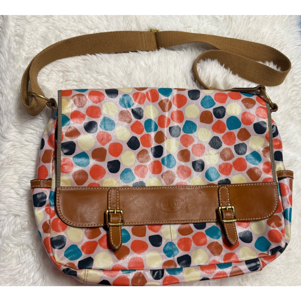 Fossil Key-Per Messenger Bag Coated Canvas Polka Dots Purse Laptop 16"X13" Bin